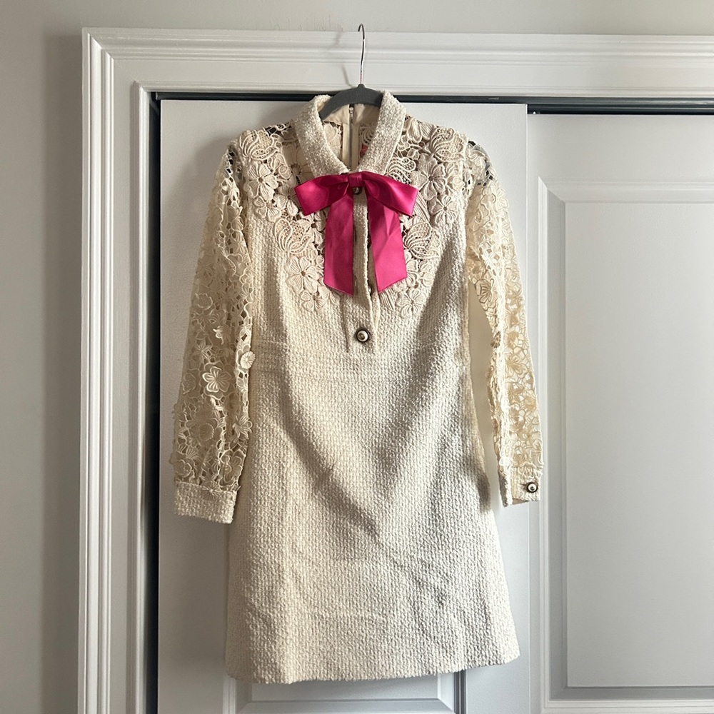 GUCCI broderie anglaise-paneled embroidered lace and tweed dress